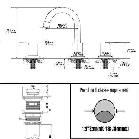Dimensions diagram of Matte Black Bathroom Sink Faucet With Widespread 8 Inch 3 Hole Vanity Fit, 360 Degree Swivel Spout