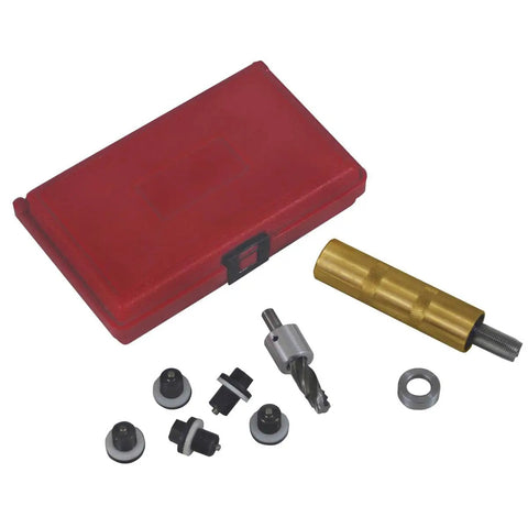 Oil Pan Drain Plug Rethread Kit with Piloted Drill and Spring Loaded Tap Tool, includes plugs, tool, and red case.