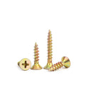 No Sweat 385 Piece Flat Head Wood And Self Tapping Metal Screw Set With Yellow Zinc Galvanized Coating and screws displayed.