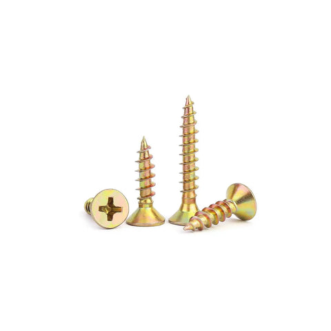 No Sweat 385 Piece Flat Head Wood And Self Tapping Metal Screw Set With Yellow Zinc Galvanized Coating and screws displayed.