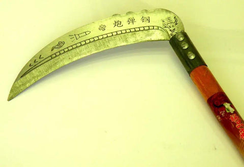 Curved metal tool with decorative engravings and wooden handle, different from Heavy Duty Pick Mattock For Tough Soil With Extra Thick Forged Steel