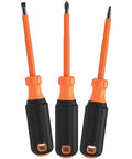 Insulated Screwdriver Set With 1000V Rating, 4 Inch Round Shanks, Square Tip, Phillips, And Slotted Tips, Cushioned Grip Handles, 3 Piece