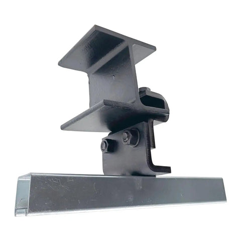 Beefy Channel Trolley Track Hanger Bracket For I-Beams And 1-5/8 Inch Strut Channel, side view of heavy-duty black bracket.