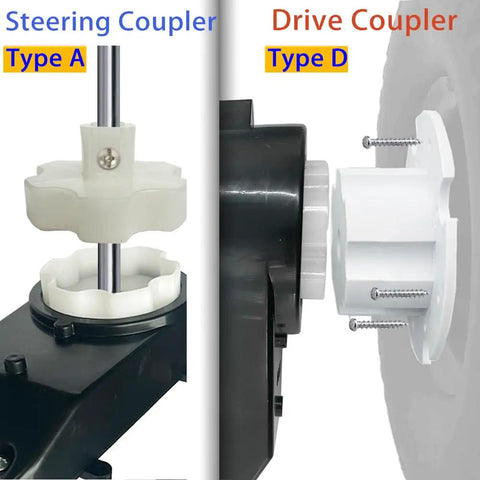 Ride On Car Upgrade Kit 6 Piece Tire Adapters And Steering Coupler Set showing steering and drive couplers
