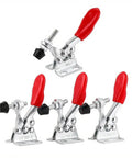 Heavy Duty Shop Ready 4 Piece Metal Toggle Clamps Set Deliver Knockout Grip To Lock Workpieces Rock Solid Featuring Quick Release Horizontal Holding Design With Adjustable Rubber Pressure Tips For Hardwood Welding And Tight Workbench Jigs, showing four silver clamps with red handles.