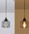 Sleek Matte Black Farmhouse Pendant Light Bringing Modern Industrial Vibe To Your Kitchen Island Or Dining Room Ceiling Hanging Fixture Quick Room Glow Up That Hits Different, showcasing geometric design in two lighting settings.