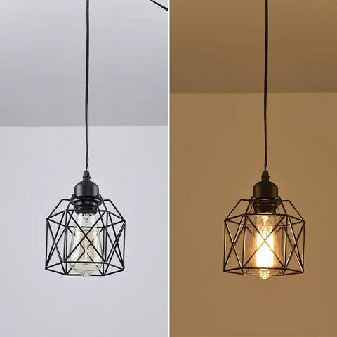 Sleek Matte Black Farmhouse Pendant Light Bringing Modern Industrial Vibe To Your Kitchen Island Or Dining Room Ceiling Hanging Fixture Quick Room Glow Up That Hits Different, showcasing geometric design in two lighting settings.