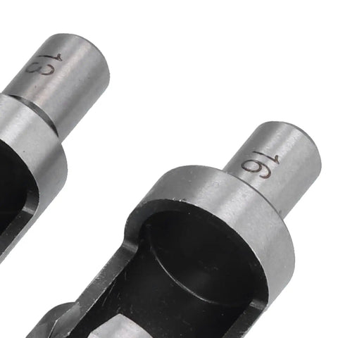 Close-up of Top Shelf Eight Piece Cork Drill Bits And Wood Plug Cutter Set Sculpted From Heavy Duty High Carbon Steel showing sizes 16 and 18.