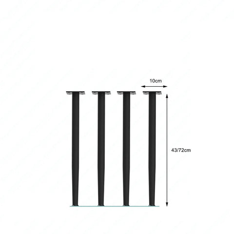 Heavy Duty Metal Table Legs 4 Pack Black Wrought Iron Style With Adjustable Feet showing dimensions 43/72cm height and 10cm width.
