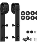 Sliding Barn Door Hardware Roller Set Black With J Shape Hangers Carbon Steel Powder Coated For Heavy Duty Use 265 Lb Capacity Includes 2 Rollers 2 End Caps 1 Floor Guide 8 Spacers Fits One And Three Eighths To One And Three Fourths Inch Doors. Components shown disassembled.
