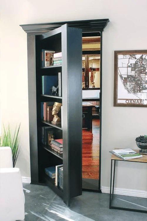 Hidden Door Hinge Kit For Secret Doors With 3 Way Adjustable Concealed Hinges, zinc alloy, black finish installed on bookcase door