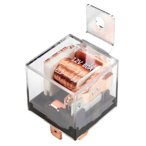 Air Horn Relay Wiring Harness Kit 12V 80A for cars trucks motorcycles, showing 4 pin relay with copper contacts in clear durable housing