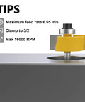 Router bit in action with specs visible, part of 24 Piece Router Bit Set With 1 Quarter Inch Shank Tungsten Carbide Tips For Beginners And Pros