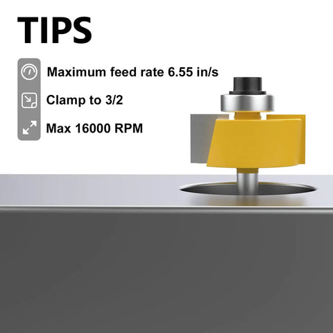 Router bit in action with specs visible, part of 24 Piece Router Bit Set With 1 Quarter Inch Shank Tungsten Carbide Tips For Beginners And Pros