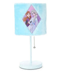 Blue Disney Frozen themed plush table lamp with a square soft shade featuring Elsa and Anna. Suitable for kids' nightstand decor.
