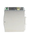 12 Pack Switch Mode DIN Rail Power Supply 480W 90 To 264V AC Input Slim Budget Friendly Tough Space Saving Panel Friendly Mount TS 35/7.5 Or 15 Rails 480-24 With Overload Short Circuit And Over Temperature Protections RoHS UL EMC Class B, brushed metal DIN rail PSU side view