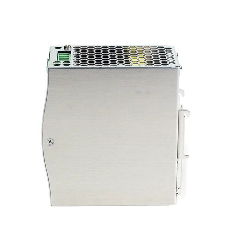 12 Pack Switch Mode DIN Rail Power Supply 480W 90 To 264V AC Input Slim Budget Friendly Tough Space Saving Panel Friendly Mount TS 35/7.5 Or 15 Rails 480-24 With Overload Short Circuit And Over Temperature Protections RoHS UL EMC Class B, brushed metal DIN rail PSU side view