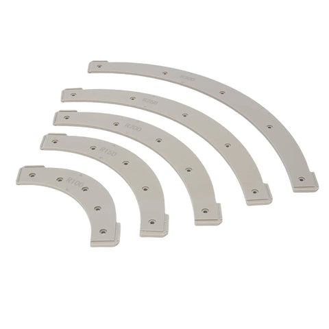 Top Notch Slick Radius Templates And Router Jigs For Crisp Corner Rounding With R100 To R300 Sizes In This Five Piece Set showing durable plastic templates.