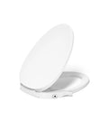 Manual Dual Wand Bidet Toilet Seat With Quiet Close Elongated Design, side view showing open seat and lid, white color.