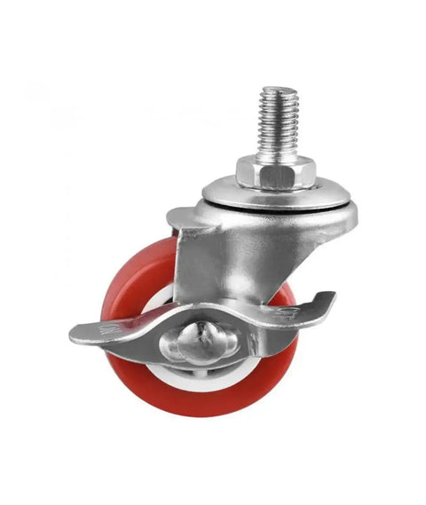 Four Piece Set Furniture Casters With Screw Brake Swivel Wheel M8 Thread Red PVC 38mm Diameter Silent Rolling Castors close-up