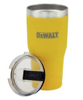 Kickass 30 Oz Stainless Steel Tumbler With Double Wall Vacuum Insulation And Spill Proof Lid To Keep Your Morning Brew Epic While You Conquer The Daily Grind In Yellow with lid next to it.