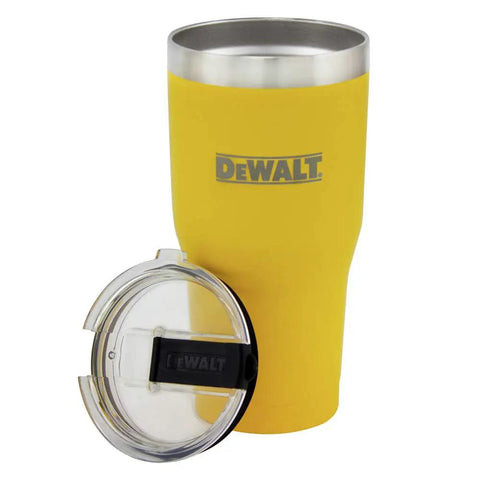 Kickass 30 Oz Stainless Steel Tumbler With Double Wall Vacuum Insulation And Spill Proof Lid To Keep Your Morning Brew Epic While You Conquer The Daily Grind In Yellow with lid next to it.