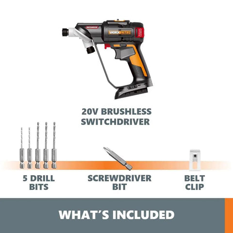 Nitro 20V SwitchDriver 2-In-1 Brushless Cordless Drill Driver With Dual One Quarter Inch Chucks And Digital Torque Setting Kit