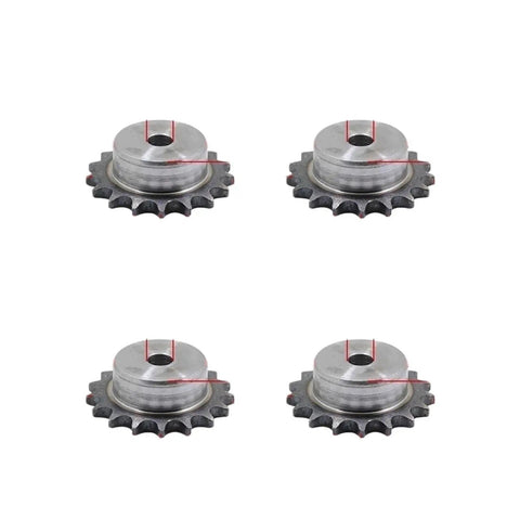 Get This Heavy Duty 3 Point Industrial Sprocket Compatible With 1/2 Or 4PCS Units Offering 9 To 50 Teeth, Features Precision Machined Crafts Hole In Durable 45# Steel With Quenched Tooth Surfaces And 9.525mm Pitch For Smooth Gear Drive Transmission That - close-up view of four steel sprockets.