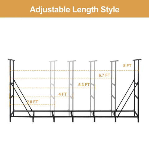 Eight Foot Outdoor Firewood Rack With Waterproof Carrier Bag And Adjustable Heavy Duty Steel Holder displayed with length options
