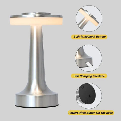 Cordless Metal Desk Lamp With Touch Sensor And 3 Color Temperature Modes, 3 Brightness Levels, Sleek Silver LED Design