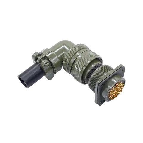 Side view of olive-drab MIL-C circular connector with threaded coupling and gold-plated contacts