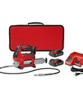 Badass Heavy Duty Cordless Grease Gun Kit with two batteries, charger and flexible hose in compact storage case.