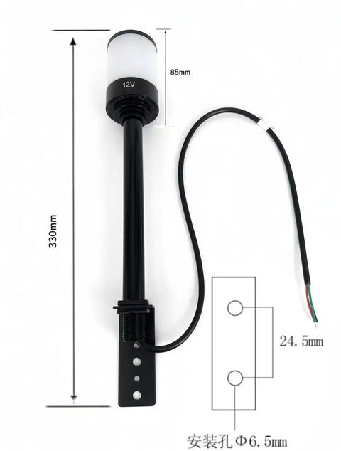 DC 12V LED Signal Tower Light with L Shaped Base, dimensions 330mm x 85mm, wiring visible, for CNC machinery