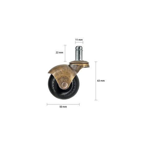 Side view of a 4 Pack Swivel Caster Wheels Set With Ball Casters, Antique Brass Finish, Heavy Duty Office Chair Caster, 1.5 Inch PU Wheels