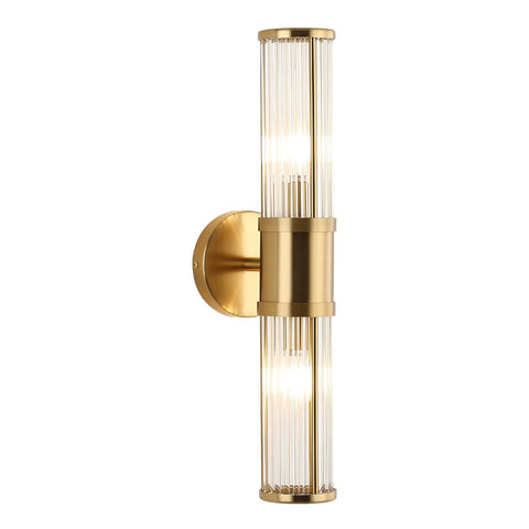 Sleek Dope Brushed Brass Vanity Light Fixture With Dual Glass Rods Wall Sconce For Bathroom Double E12 Candelabra Base Sockets