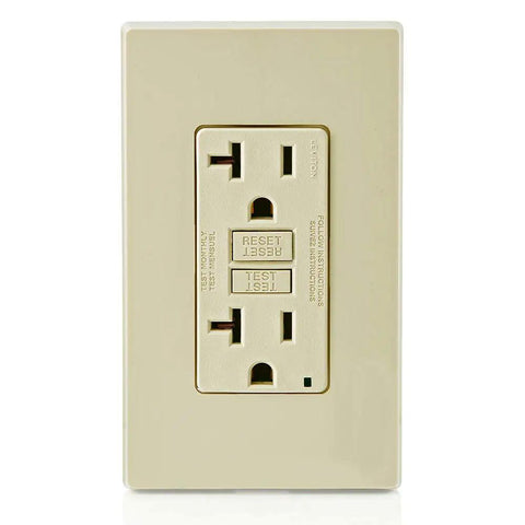 GFCI Outlet 20 Amp Self Test With LED Indicator Light Non Tamper Resistant Ivory for easy home DIY install, front view.