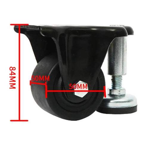 Four Piece Heavy Duty Furniture Casters Beefy Swivel Rollers With Slick Rubber Tread, 84mm tall, black nylon roller for durable use.