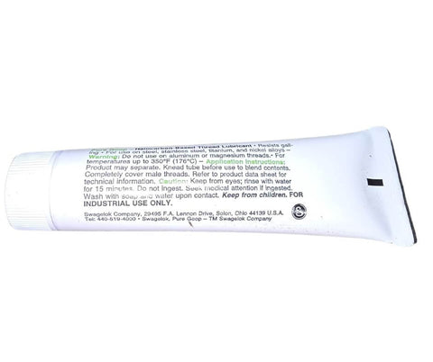 Back view of Swagelok Pure Goop Thread Lubricant 1 Oz Tube Heavy Duty Pro Grade Halocarbon Based Anti Seize, white tube with instructions.