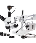 Pro Grade Trinocular Boom Stand Stereo Zoom Microscope With 2X-225X Magnification, 9MP 2.0 Camera, And 50W LED Fiber Optic Lighting For Desktop Lab Work, Classroom Demands, And Precise DIY Inspections; white lab microscope with boom stand