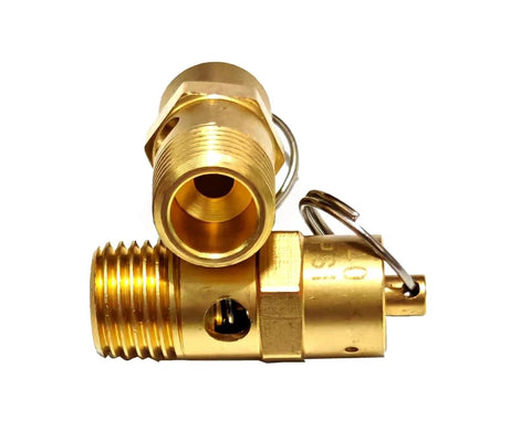 Two brass 1/4 in NPT air compressor pressure relief valves, 30 PSI