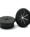 Flexible Desk Cord Grommet Pair Black Wire Organizer Hole Covers for PC cables, rubber construction, neatly manages desktop wires.