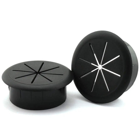 Flexible Desk Cord Grommet Pair Black Wire Organizer Hole Covers for PC cables, rubber construction, neatly manages desktop wires.