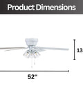 52 Inch White Indoor Ceiling Fan With Three Light LED Bulbs And Pull Chains, Traditional Style With Quiet Reversible Motor