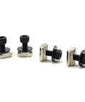 Heavy Duty T Slot Mounting Nuts And Screws Replacement Kit For Racing Simulator Wheel Base Upgrade Crafted From Top Tier Steel For A Super Quick No Sweat Install On Your Rig - Set of 4 black steel fasteners.