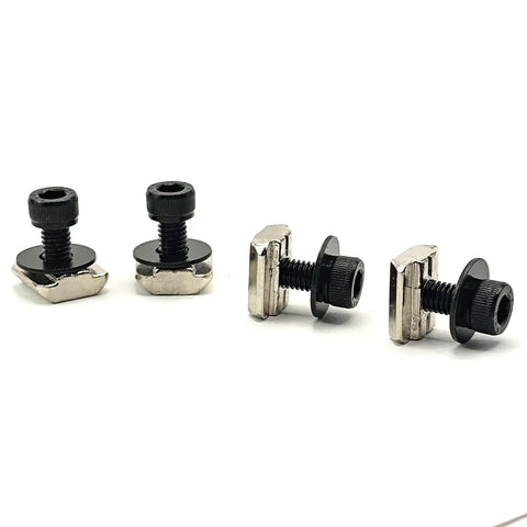 Heavy Duty T Slot Mounting Nuts And Screws Replacement Kit For Racing Simulator Wheel Base Upgrade Crafted From Top Tier Steel For A Super Quick No Sweat Install On Your Rig - Set of 4 black steel fasteners.