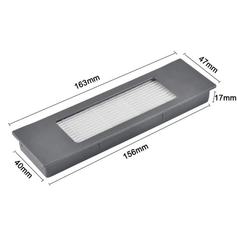 Deebot filter from All In One Deebot Replacement Parts Kit For OZMO 920 950 T5 T8, showing 163x47x17mm dimensions.