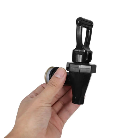 Heavy Duty Black Plastic Cooler Faucet And Reusable Spigot Tap With Leak Proof Seal For Water Buckets Party Coolers Beverage Dispenser shown held in hand.