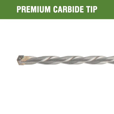 Side view of masonry drill bit, 1/4in diameter x 6in length, carbide tipped, hex shank