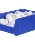 Heavy Duty Blue Stackable Storage Bin Rock Solid Industrial Plastic Clutter Crusher Drop In Organizer With Wide Hopper Front Quick Reach Access Full Width Mounting Lip Single Bin filled with white PVC pipe fittings.