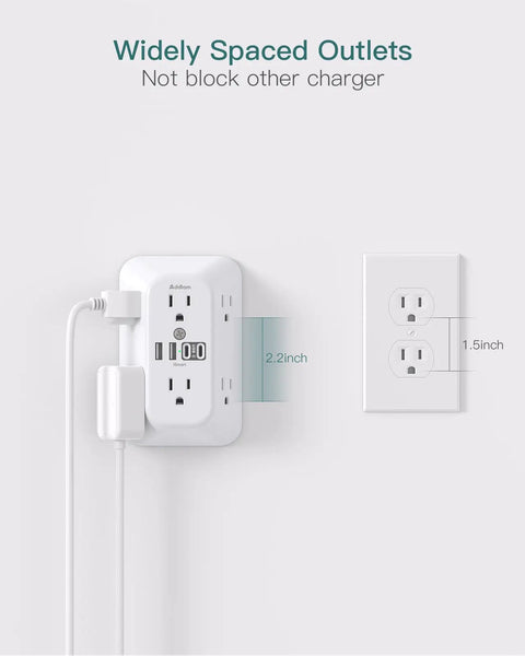 Badass Surge Protector Outlet Extender With Six Ac Outlets And Four Usb Ports Plus Two Type C Fast Charging Killer Wall Adapter Features wide spacing for bulky plugs.
